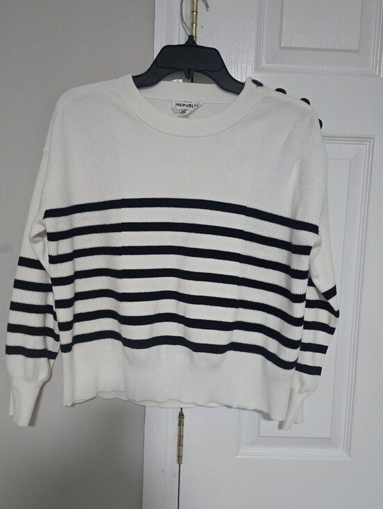 For The Republic Sweaters - For The Republic Cream and Navy Striped Crewneck Sweater with Shoulder Buttons